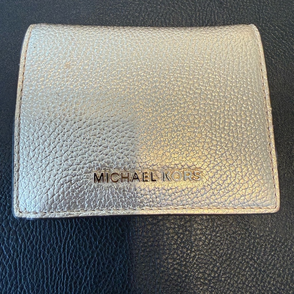 Women's Michael Kors Gold Shiny Leather Bi-fold Compact Logo Small Wallet